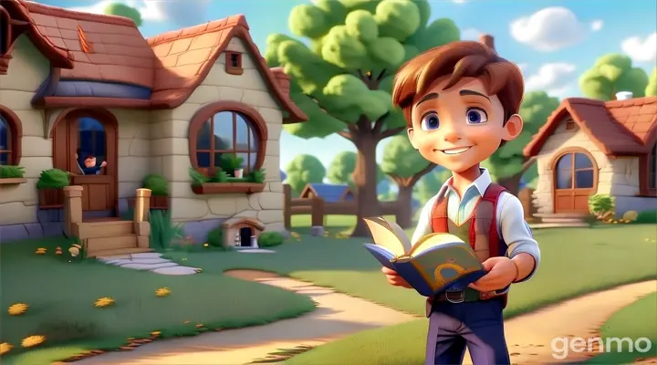 a young boy standing in front of a house holding a book. Whenever the young boy read that book, his imagination would soar even higher. He felt that one day he too would do something that would inspire the whole world. The sparkle in his eyes and the smile on his face reflected his inner enthusiasm and passion