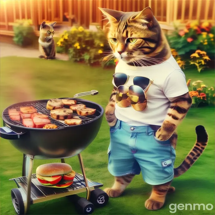 a cat wearing sunglasses standing next to a grill