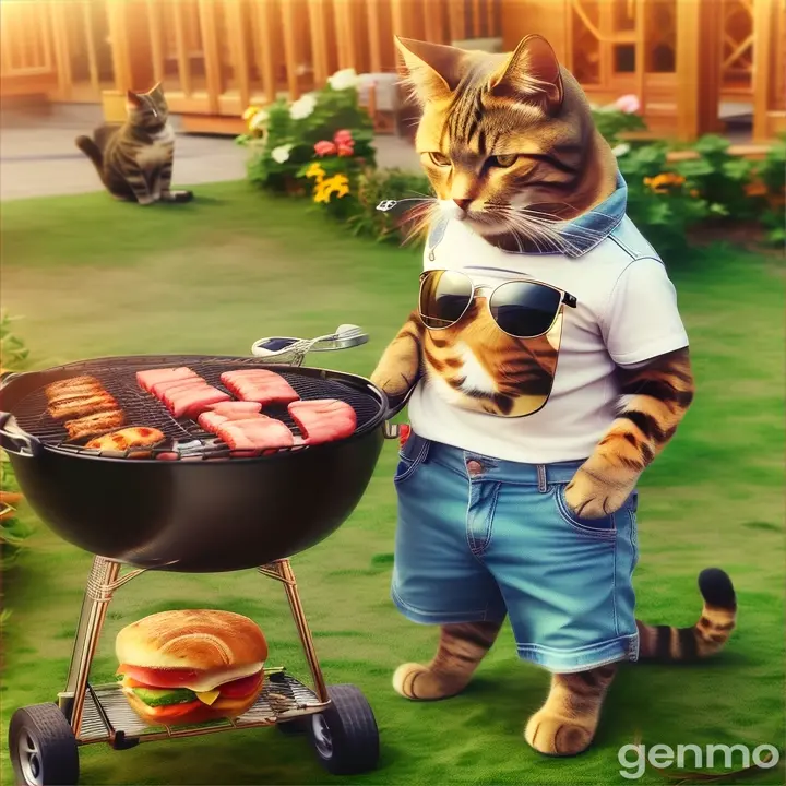 a cat wearing sunglasses standing next to a grill