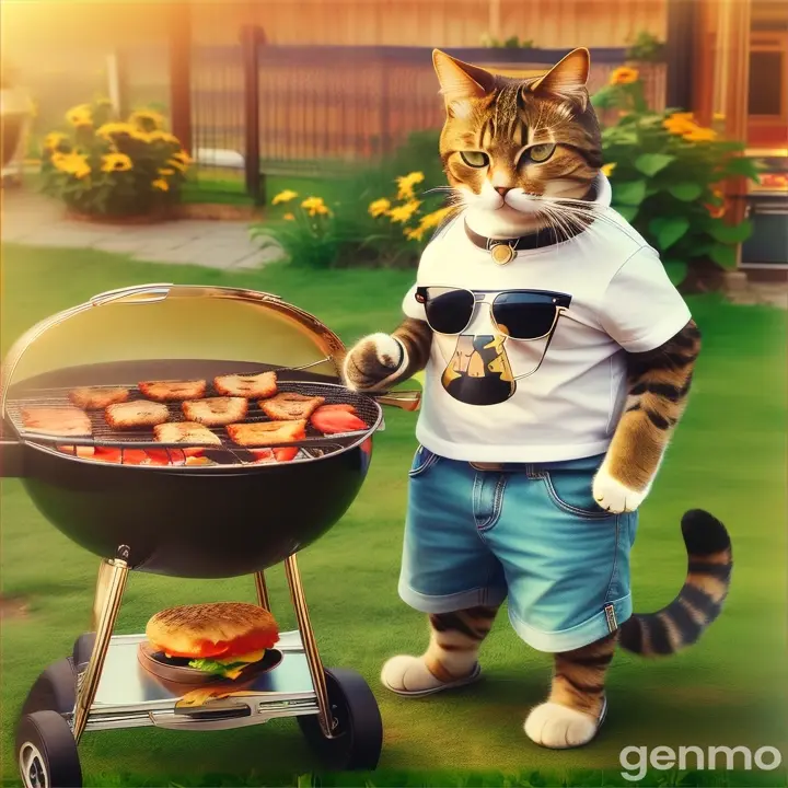 a cat wearing sunglasses standing next to a grill