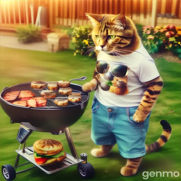 a cat wearing sunglasses standing next to a grill