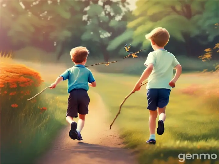 The boy is running behind the butterfly holding the stick and the dog is running behind him