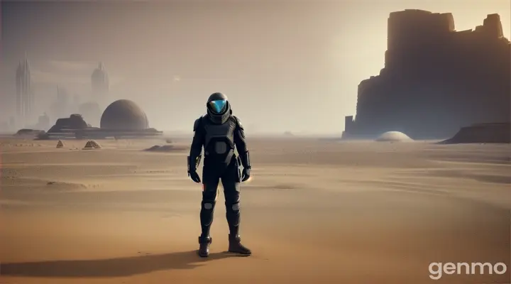 A man dressed with a black tight spacesuite in an infinite dark alien's desert with sand fog, alien's ruins and thunderstorms