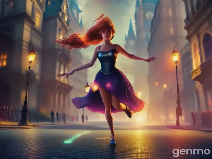 fairy tale illustration with vibrant colors, a girl falling down on an empty london street.