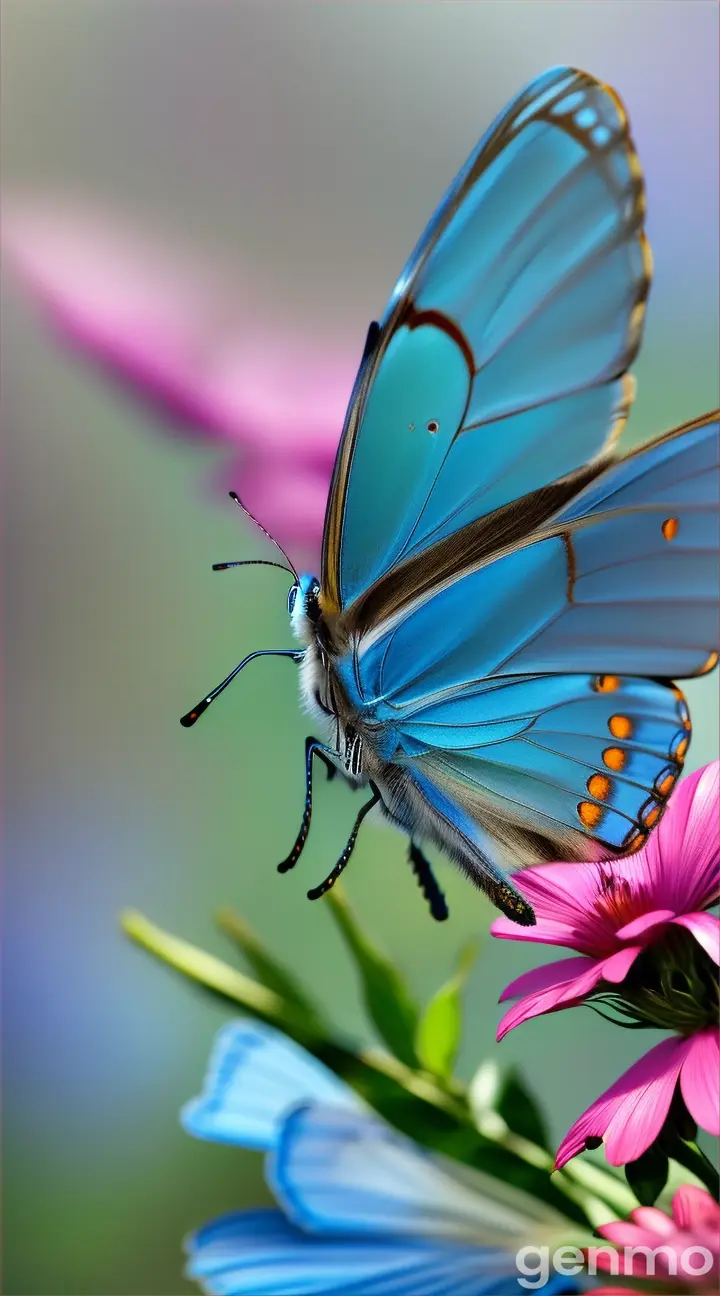 Untra hd, A blue butterfly flutters its wings and clings to a flower.