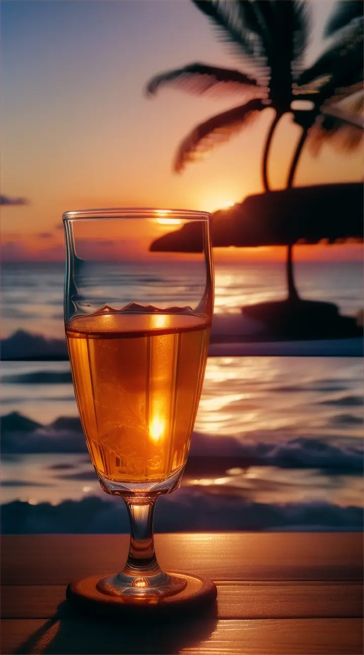 A cinematic and conceptual artwork inspired by the linocut technique, beautifully captured within the silhouette of a straight whisky gla

ss. The composition features a stunning beach sunset scenery with vibrant colors, enhanced by the contrasting black background and negative space. The sun casts a warm, golden glow over the waves, while palm trees and seagulls add to the serene atmosphere. The overall effect is both captivating and surreal, transforming a simple glass of whisky into a window to a picturesque beach paradise., conceptual art, photo, illustration, painting, vibrant, cinematic