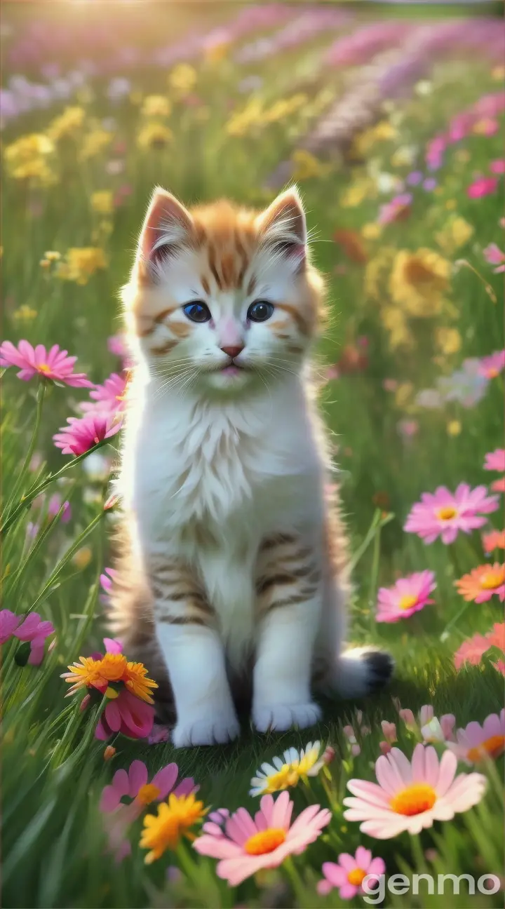 Cute fluffy kittens playing in a flower meadow, with crisp details, vibrant colors, and soft lighting