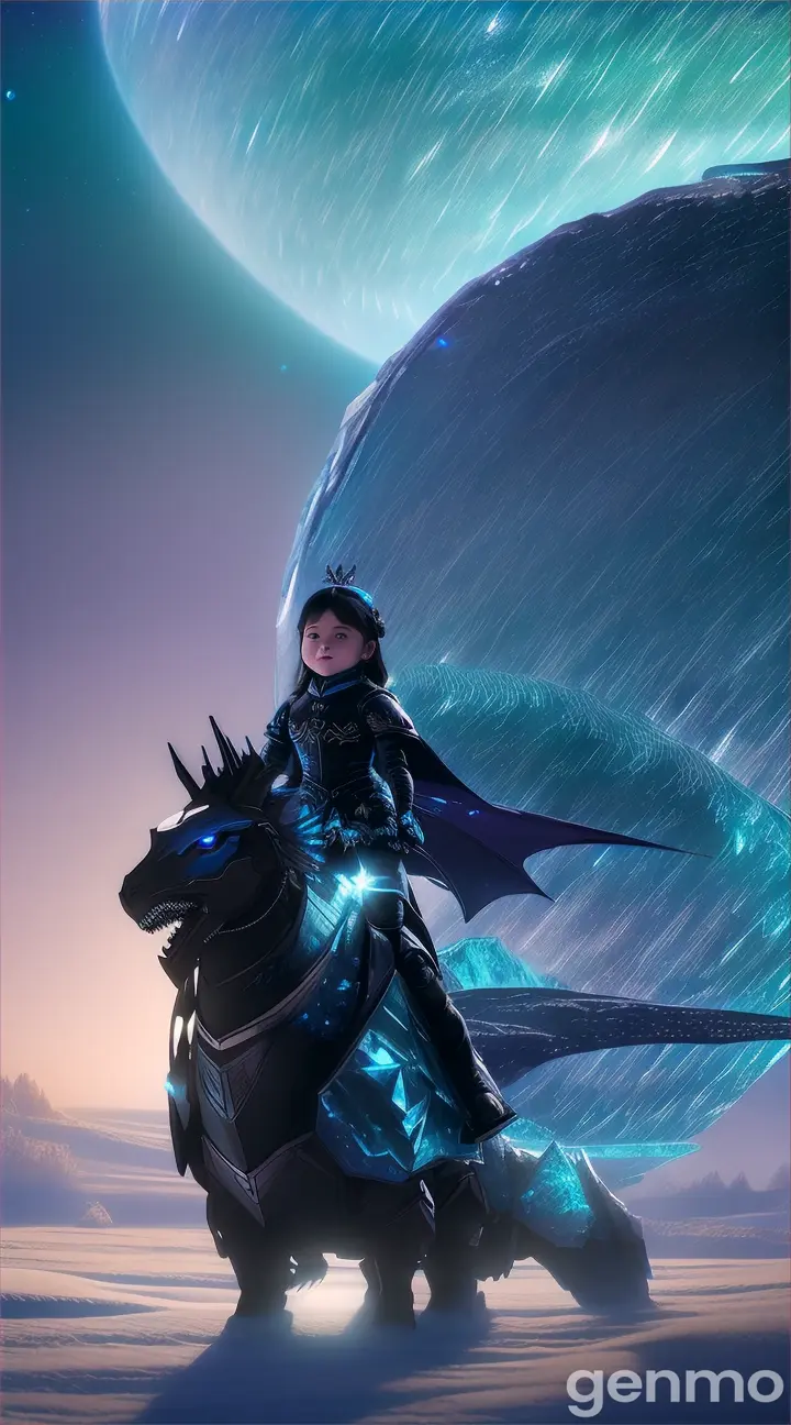 Little girl in blue riding a crystalline, ice planet with a semi-opaque planet in the background