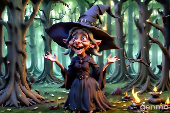 a cartoon an old witch. The witch was so impressed with music in forest