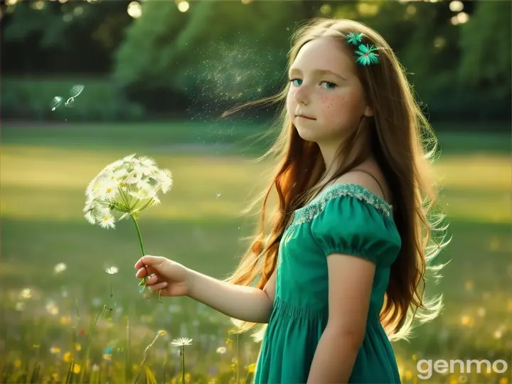 A girl with long chestnut hair and big, sparkling green eyes and freckles, wearing a turquoise summer dress and bare feet, holds a seeded dandelion in her hand and blows on it. The dandelion has only part of its seeds left, as the other seeds have broken off and are floating in the wind, heading for the sun. The scene should be rendered in a Pixar and DreamWorks style, with bright colors and detail. The setting should be whimsical and magical, capturing a peaceful moment in a lush outdoor environment with elements like grass, flowers, blue sky, dazzling sun.