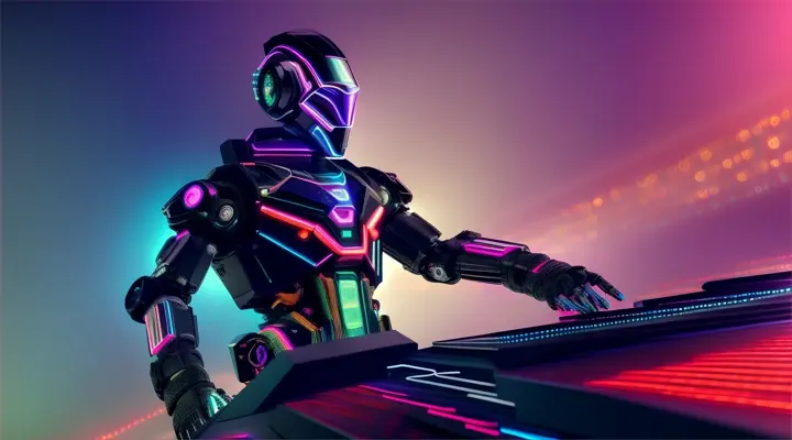 A robot musician performing a stage show on a futuristic galactic world, with vibrant neon colors and holographic effects