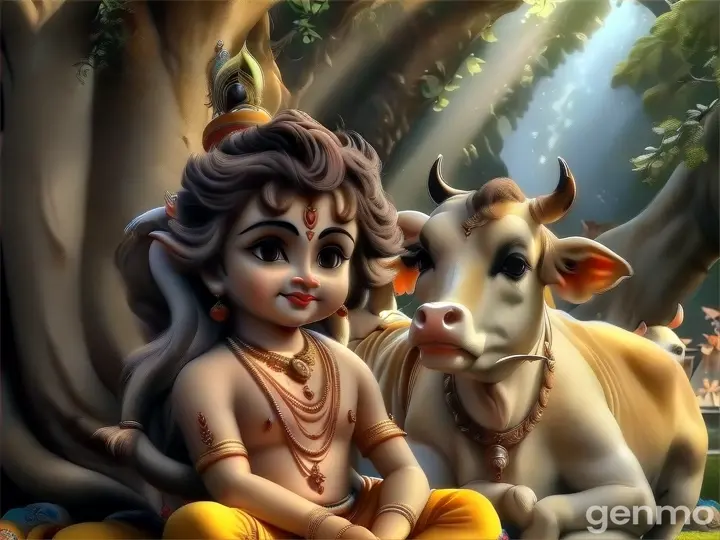a painting of a bal Gopal sitting next to a cow