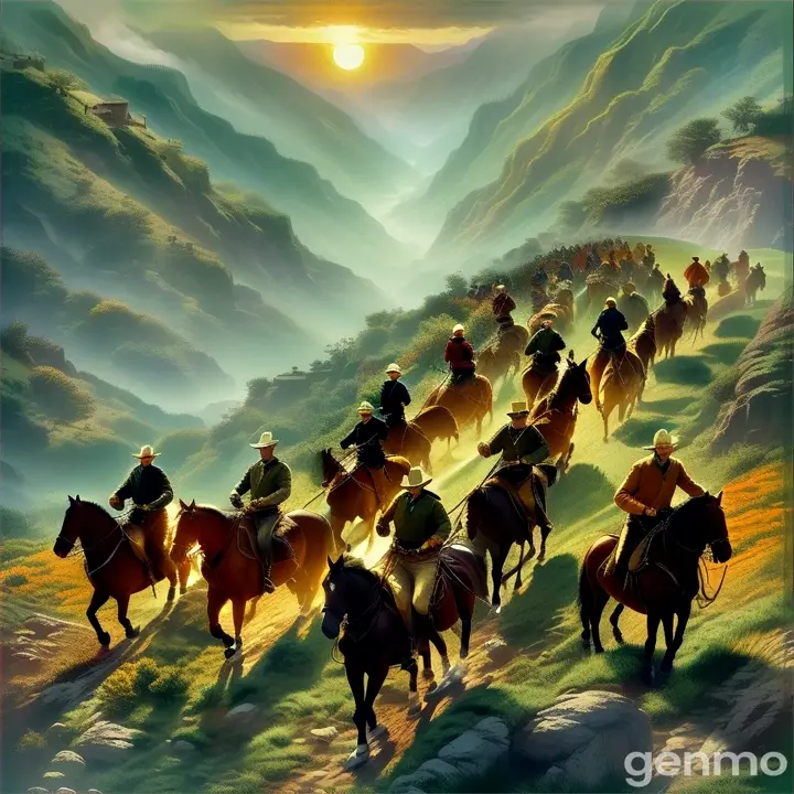 A group of men on horseback, silhouetted in front of a cloudy mountain vista and an orange, setting sun