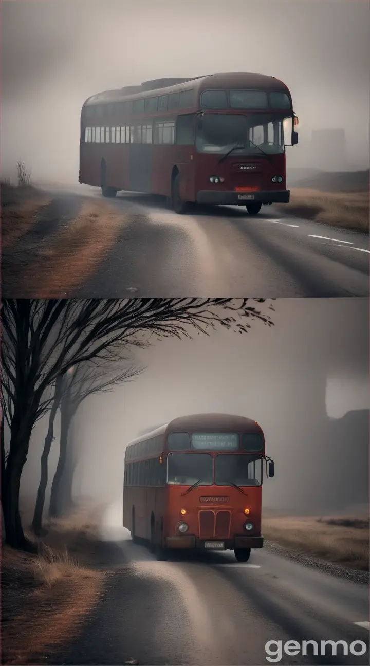 The bus stopping abruptly at the edge of a dark, abandoned village.