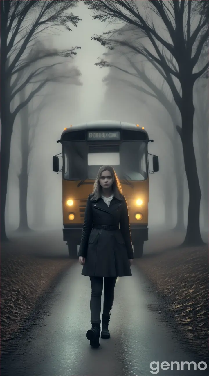 A young woman stepping out of the bus into a dark, foggy village.