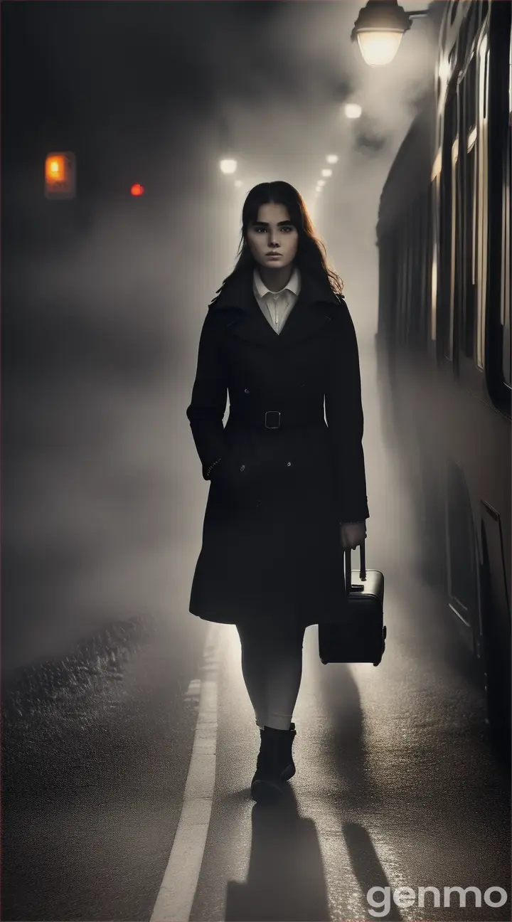 A young woman stepping out of the bus into a dark, foggy village.