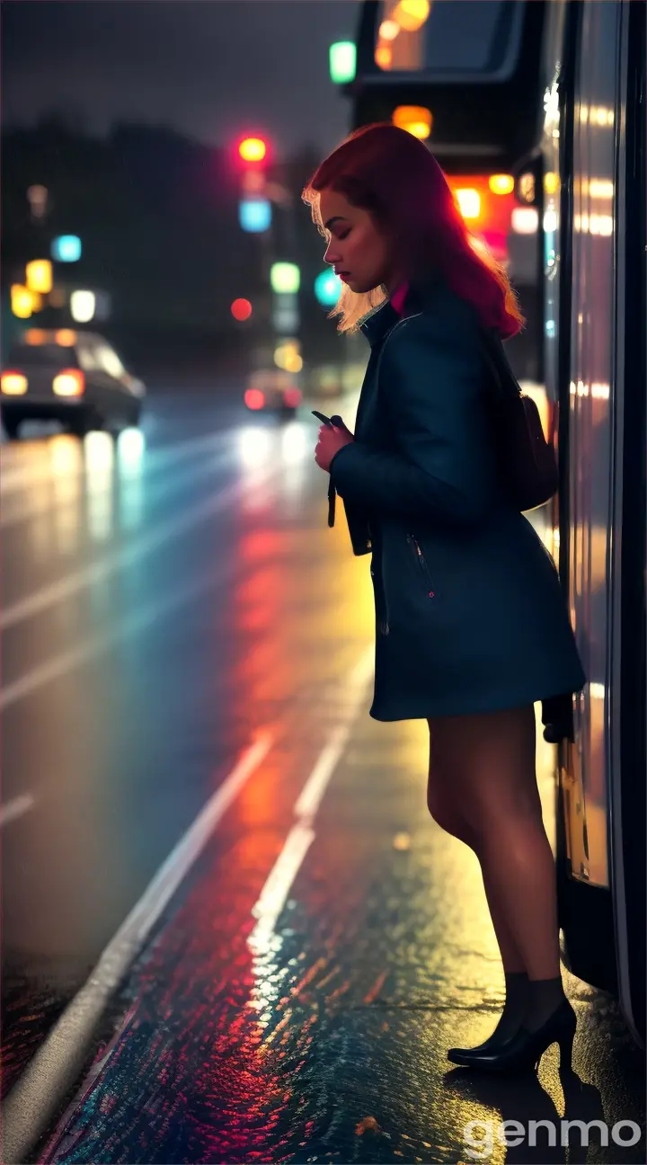 A young woman getting of the bus at night 