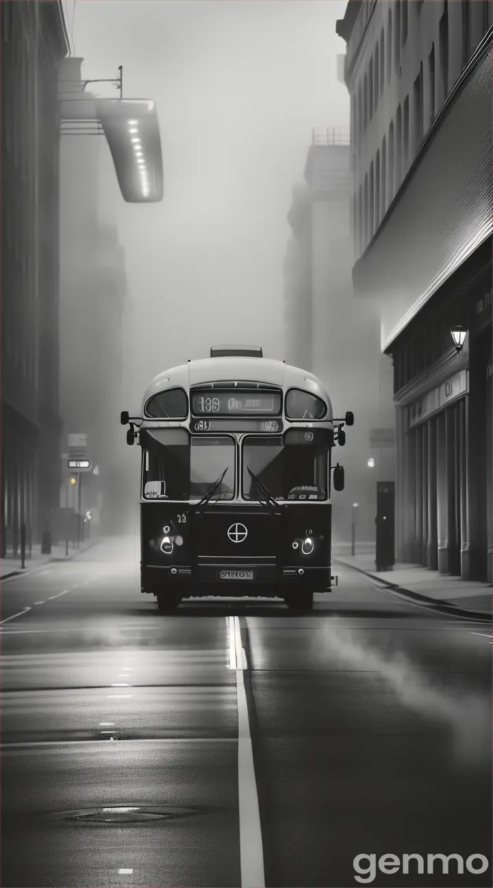 The bus disappearing into the fog behind the young women