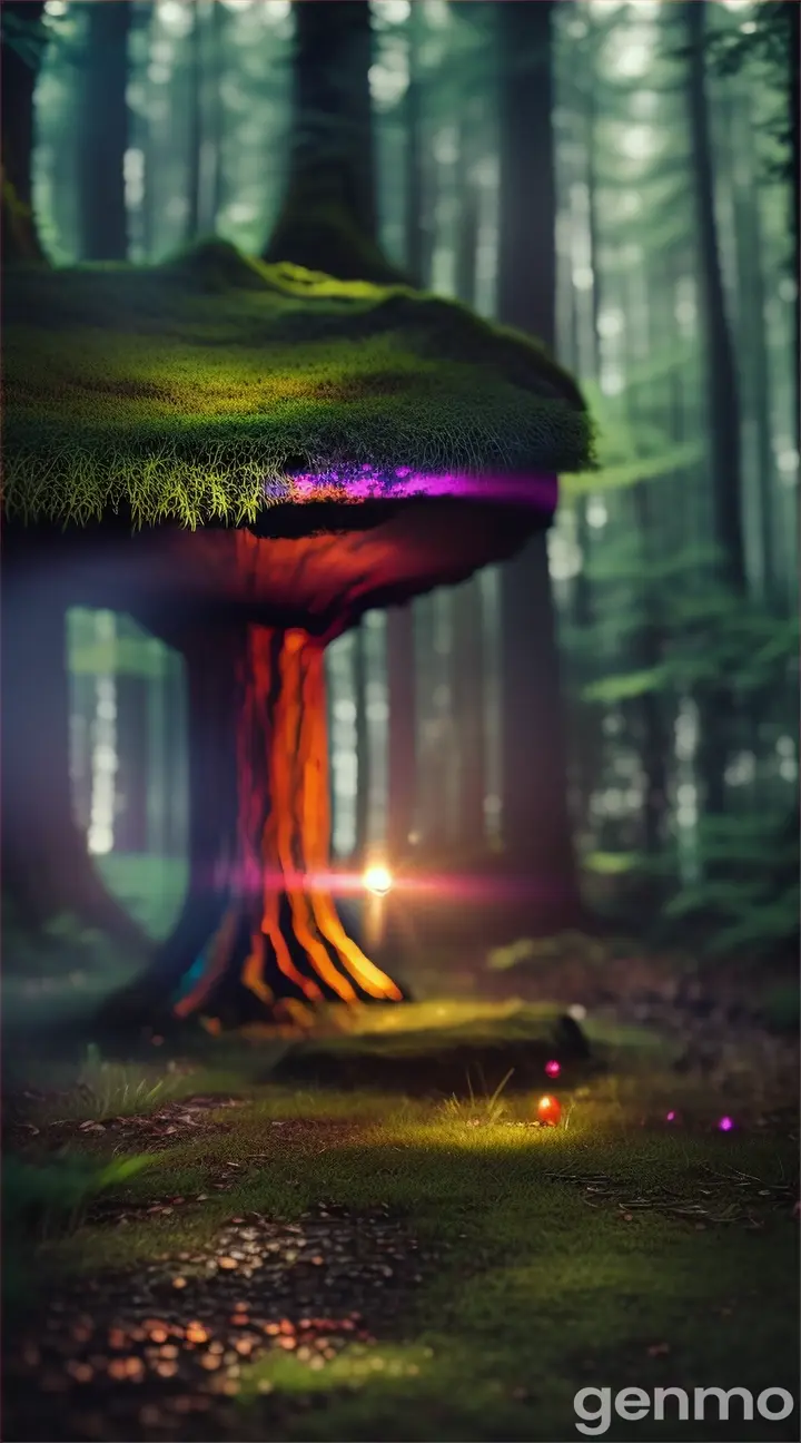 Colorful beam of light illuminating a hidden forest portal with glowing moss and mushrooms