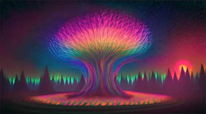 psychedelic lights and colors of a forest at night