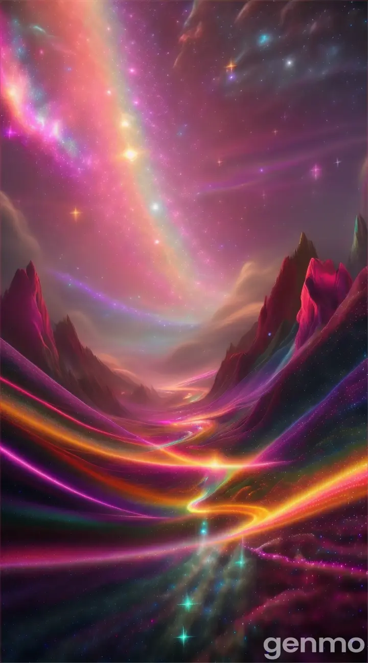 Magical stardust trail in cosmic landscape, weaving through colorful clouds and glistening stars