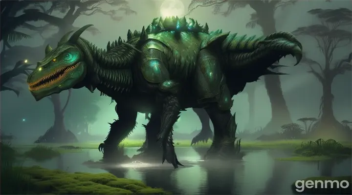 The Mbielu-Mbielu-Mbielu, a legendary cryptid from central Africa, emerges from a swamp. Appearing similar to an armored dinosaur, its back is covered in large, pointed bone plates. His eyes shine in the darkness, and his skin is rough and moss green. Surrounded by thick vegetation and murky waters, it projects an imposing and mysterious presence, bearing a certain resemblance to a stegosaurus.