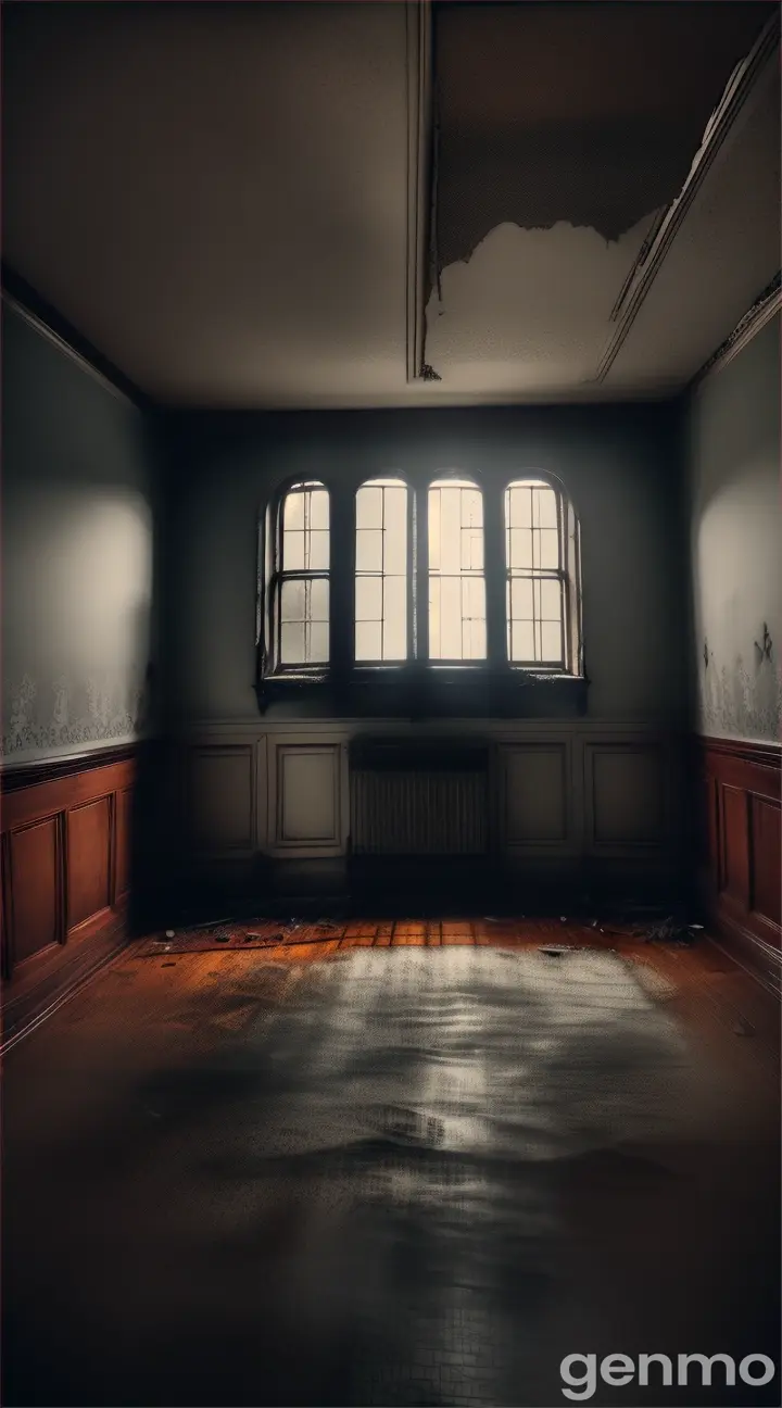 The interior of a decaying house filled with cobwebs and dust at night