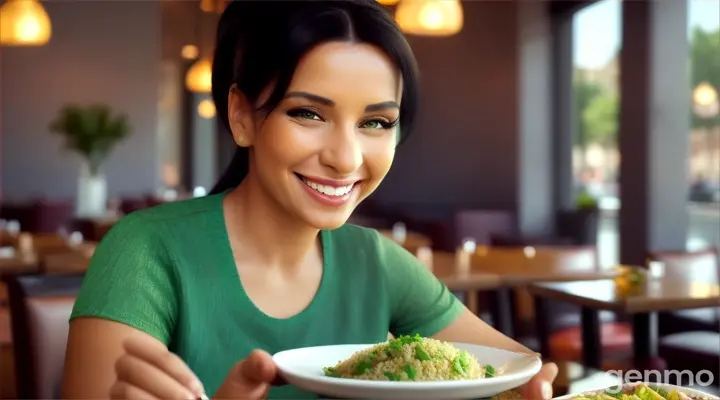une belle femme de 40 ans, souriante, aux cheveux noirs et aux yeux verts clairs, avec une frange sur le front et une queue de cheval, mange un couscous au restaurant.