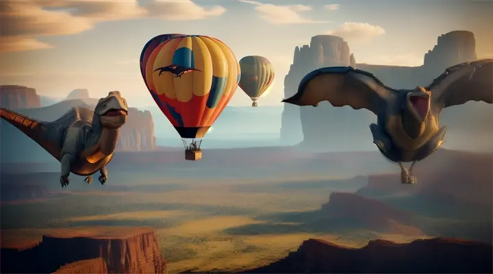 Hot air balloons floating alongside pterodactyl and dinosaur in prehistoric landscape