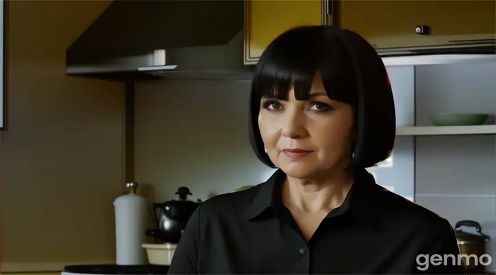 inside a kitchen, a humble woman 40 years with Black Bob Cut Hair in a black shirt standing in a kitchen looking at right side