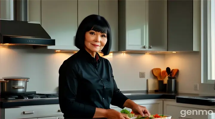 inside a kitchen, a humble woman 40 years with Black Bob Cut Hair in a black shirt preparing food in a kitchen looking at the camera