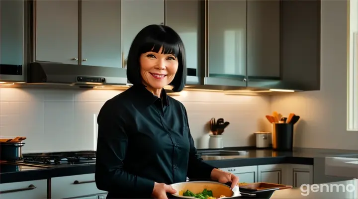 inside a kitchen, a smiling woman 40 years with Black Bob Cut Hair in a black shirt preparing food in a kitchen looking at the camera