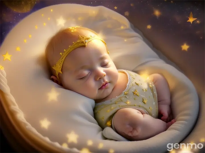 Ein Baby in einem rundlichen Bett, das aussieht wie eine Mondsichel, umgeben von leuchtenden Sternen, die in einem weichen, goldenen Licht erstrahlen. Das Gesicht des Babys strahlt Ruhe und Zufriedenheit aus.