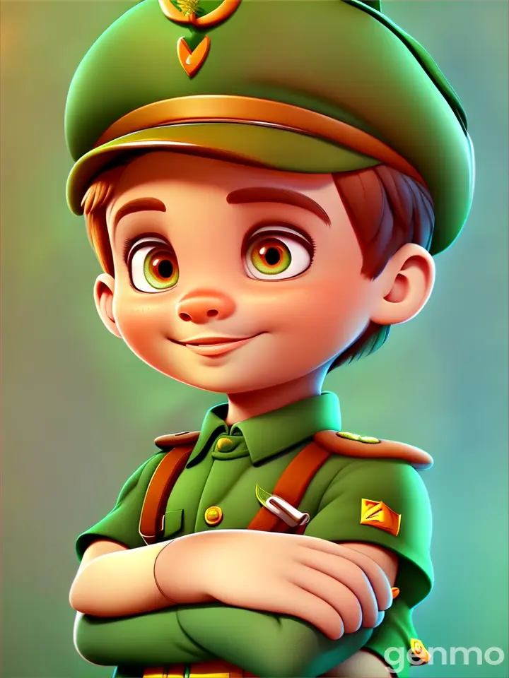 a cartoon boy in a green uniform with his arms crossed