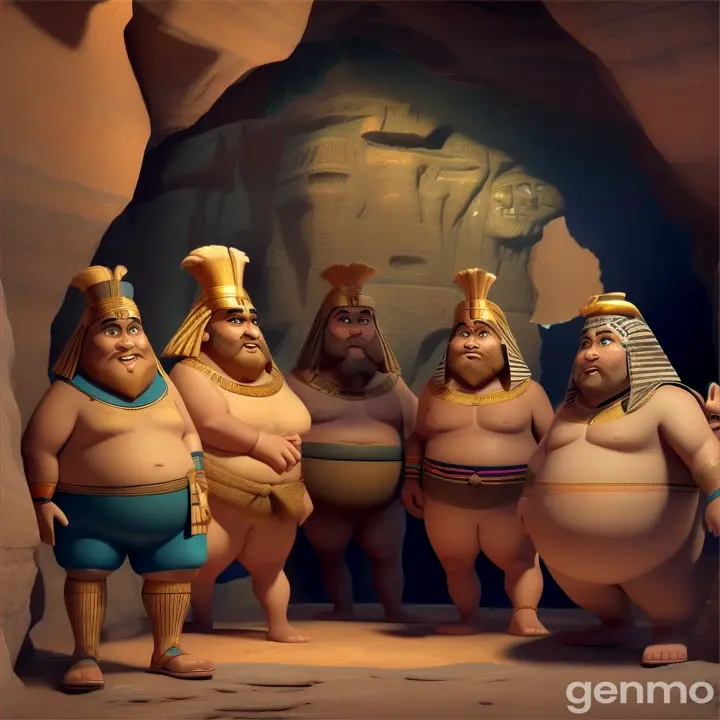 several men, some blonde and another fat, peeking out from the front of a cave dressed as Egyptians from ancient times with a Neanderthal face with a surprised face in 3D digital volume cartoon Pixar,