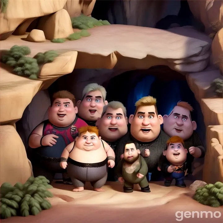 several men, some blonde and another fat, peeking out from the front of a cave dressed as Punk with a Neanderthal face with a surprised face in 3d digital volume pixar cartoon