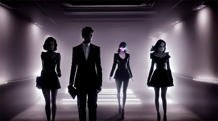 Shady deal in neon-lit futuristic city, one male three female silhouettes with glowing briefcase