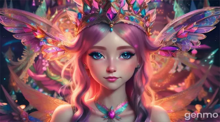 Cartoon very beautiful 20 years old crystal fairy wear beautiful crown in fairy palace 