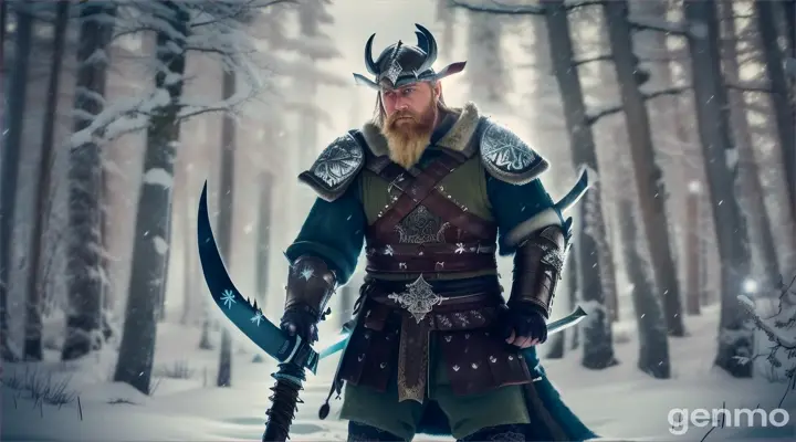 A viking warrior holding a sword amidst a snowy forest, facing a mythical creature with glowing eyes