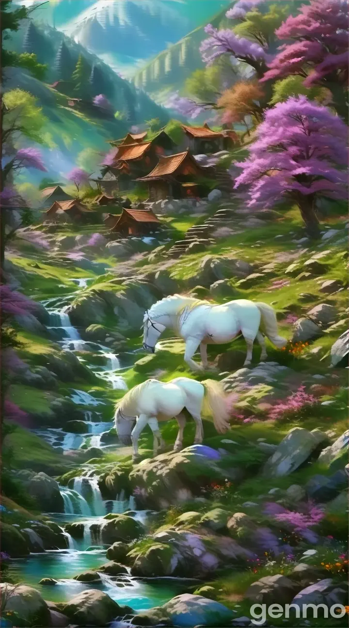 a painting of a white horse in a mountain landscape