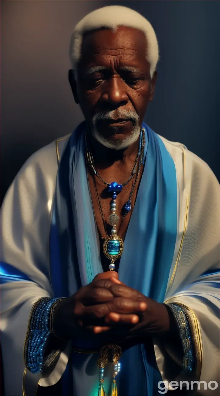 make an elderly black man with a rosary in his hands with  and Umbanda and Candomblé beads around his neck and praying with open hands with great fervor and a blue light comes out of his body 9/16