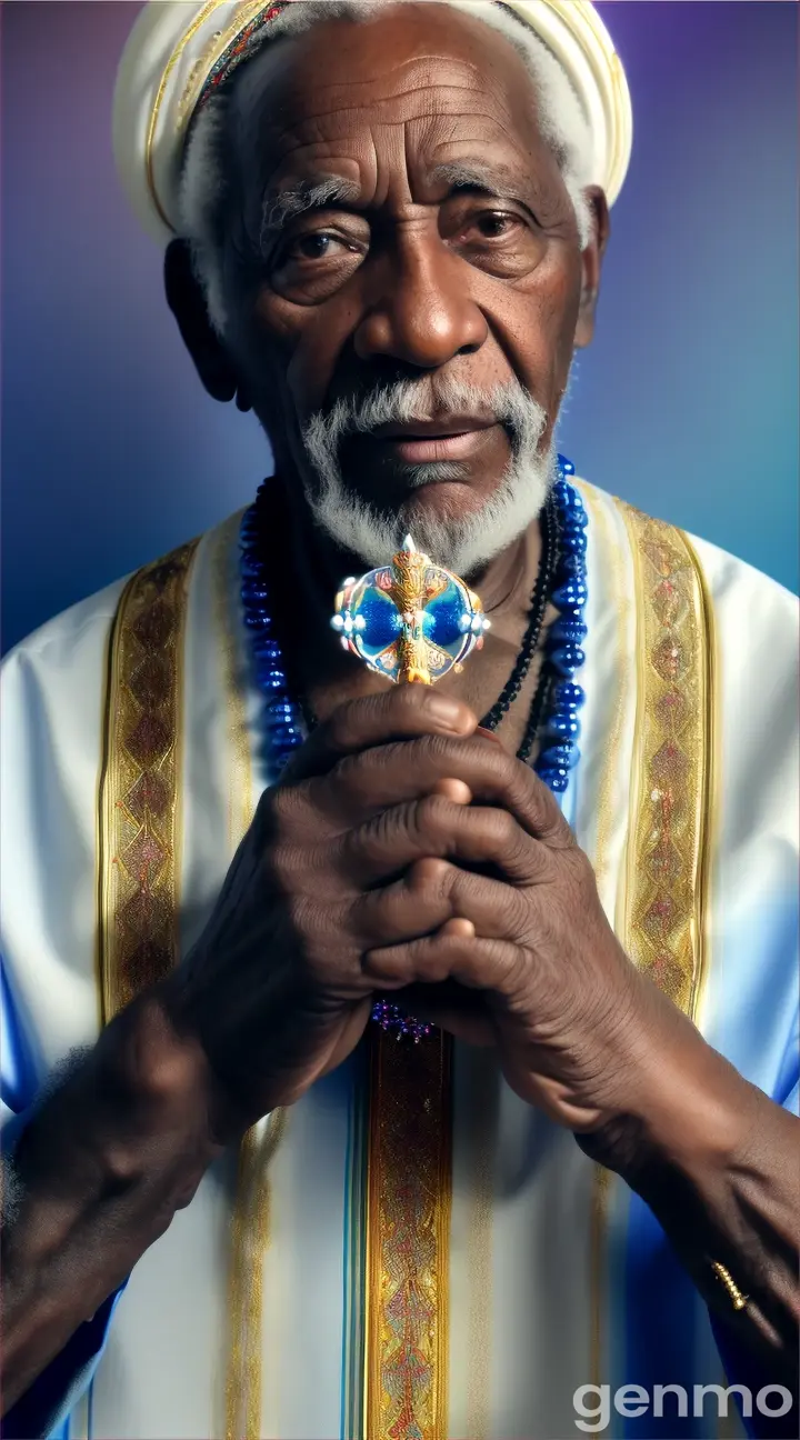 make an elderly black man with a rosary in his hands with  and Umbanda and Candomblé beads around his neck and praying with open hands with great fervor and a blue light comes out of his body 9/16