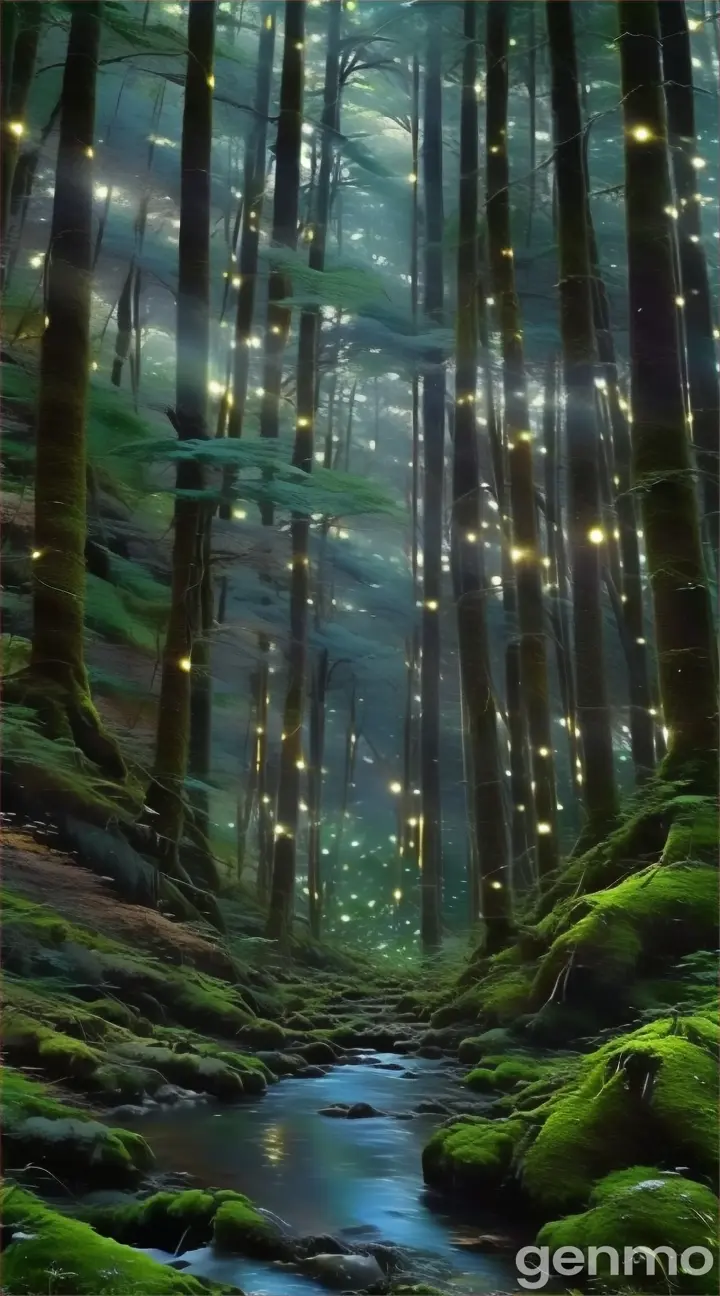 a stream running through a forest filled with lots of lights