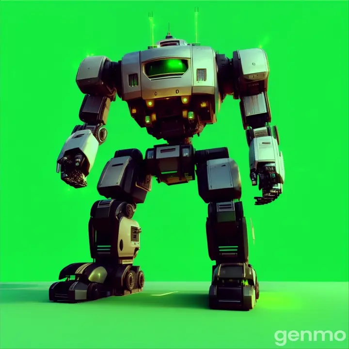 a robot that is standing up against a green background. runs and jumps