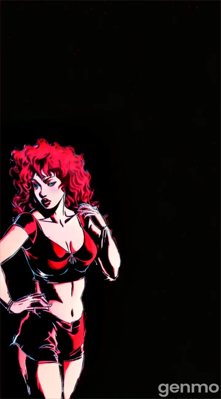 a woman with red hair is standing in the dark