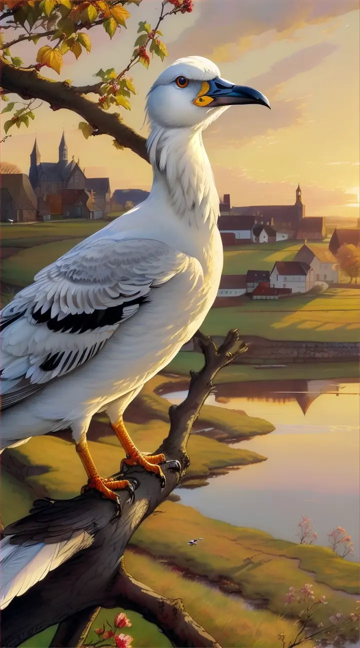 "An exquisite Norman Rockwell-inspired illustration of a unique white bird, a hybrid between a raven and a swan. The bird is perched on a branch, with its impressive wings spread wide. The shading is realistic and slightly backlit, giving a soft glow to the feathers. The background reveals a peaceful countryside with a setting sun and a quaint village in the distance. The overall atmosphere is serene and nostalgic, reminiscent of simpler times. Style of Kilian Eng, style of Salvatore Dhali, Gustavo Klimt, Antonio Presti, Hayley Josephes, Emma Stern, Hilary Pecis, Laura G, Avery Singer, conceptual art, graffiti, dark fantasy, painting, poster, illustration, 3d render"