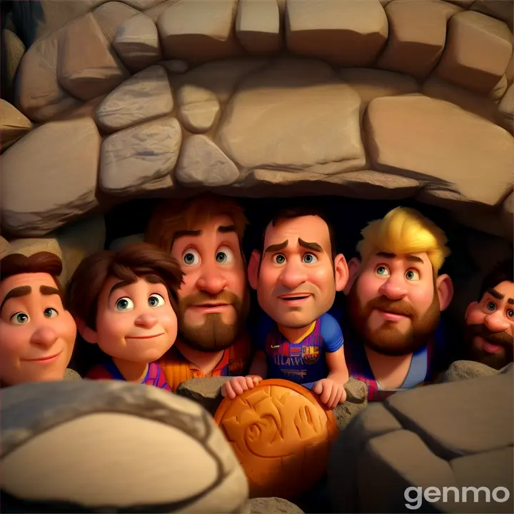 some men, among them there is a fat man and a blonde, the rest are normal with the appearance of cavemen peeking out from a cave in front, as if hidden, surprised by the light, with a frown, next to the cave a shield carved in rough stone of FC Barcelona, in 3d digital caricature Pixar