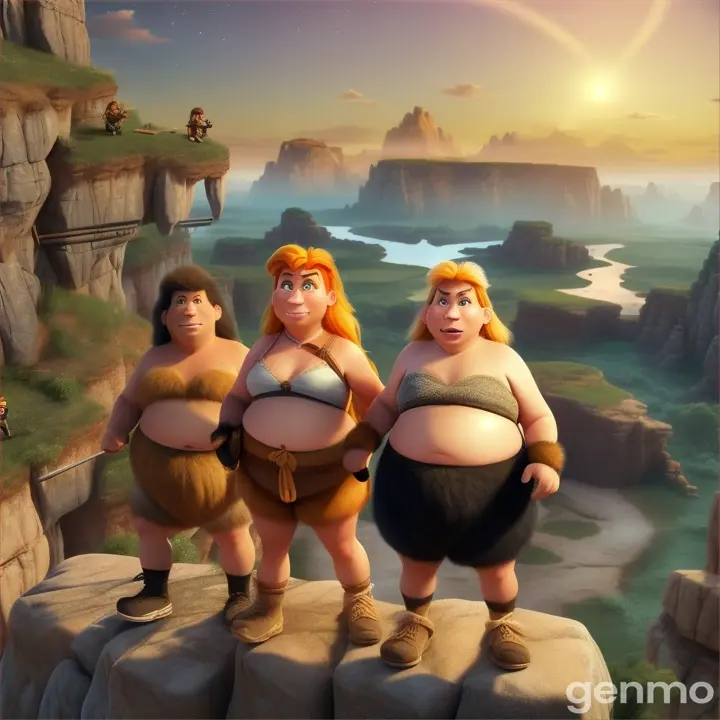 some men with animal skins that look like Neanderthal troglodytes, one blonde, one fat and the rest normal, looking out from a cave in front, with batons and a surprised face in 3d digital cartoon volume Pixar