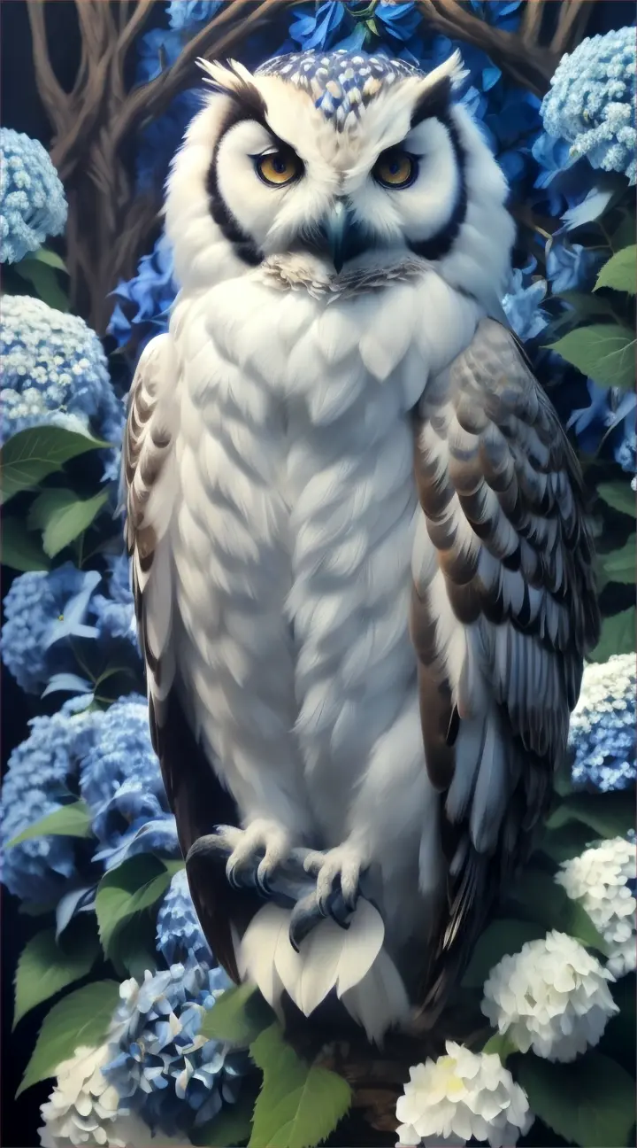 "Majestic painting of a white owl surrounded by huge dark blue hydrangeas. The background is blurred and dark blue and white. Making the owl pop more. The owl has sweet kind eyes. Mystical and magical vibes. The owl looks as if it is made of deep ancestral magic and power., painting"
