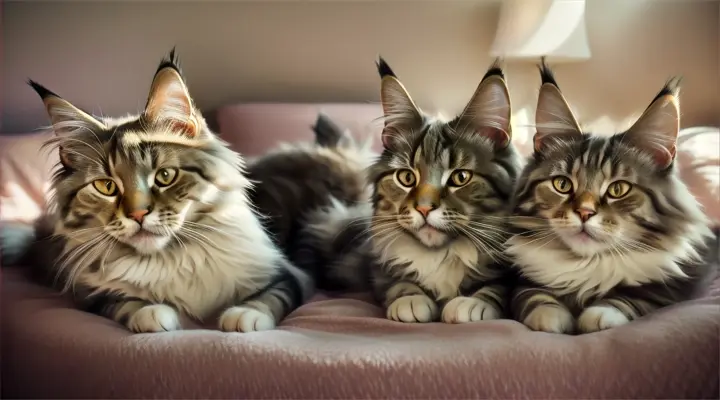 Magical Maine Coon cats fall asleep in their beds, inspired by vintage postcards, on a sunny day